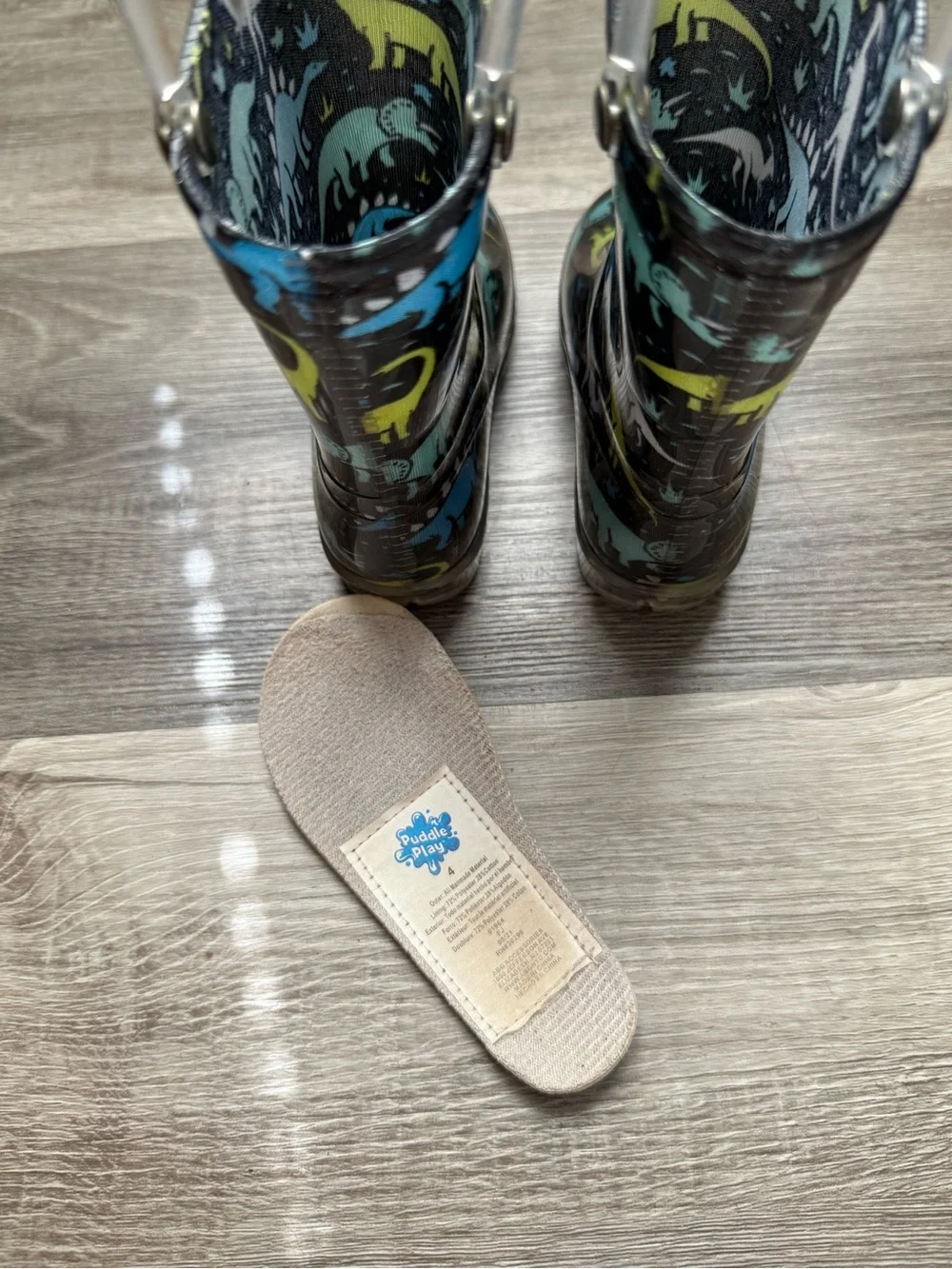 Othr Kids Rain Boots in Black with Blue & Green Dinosaur Print